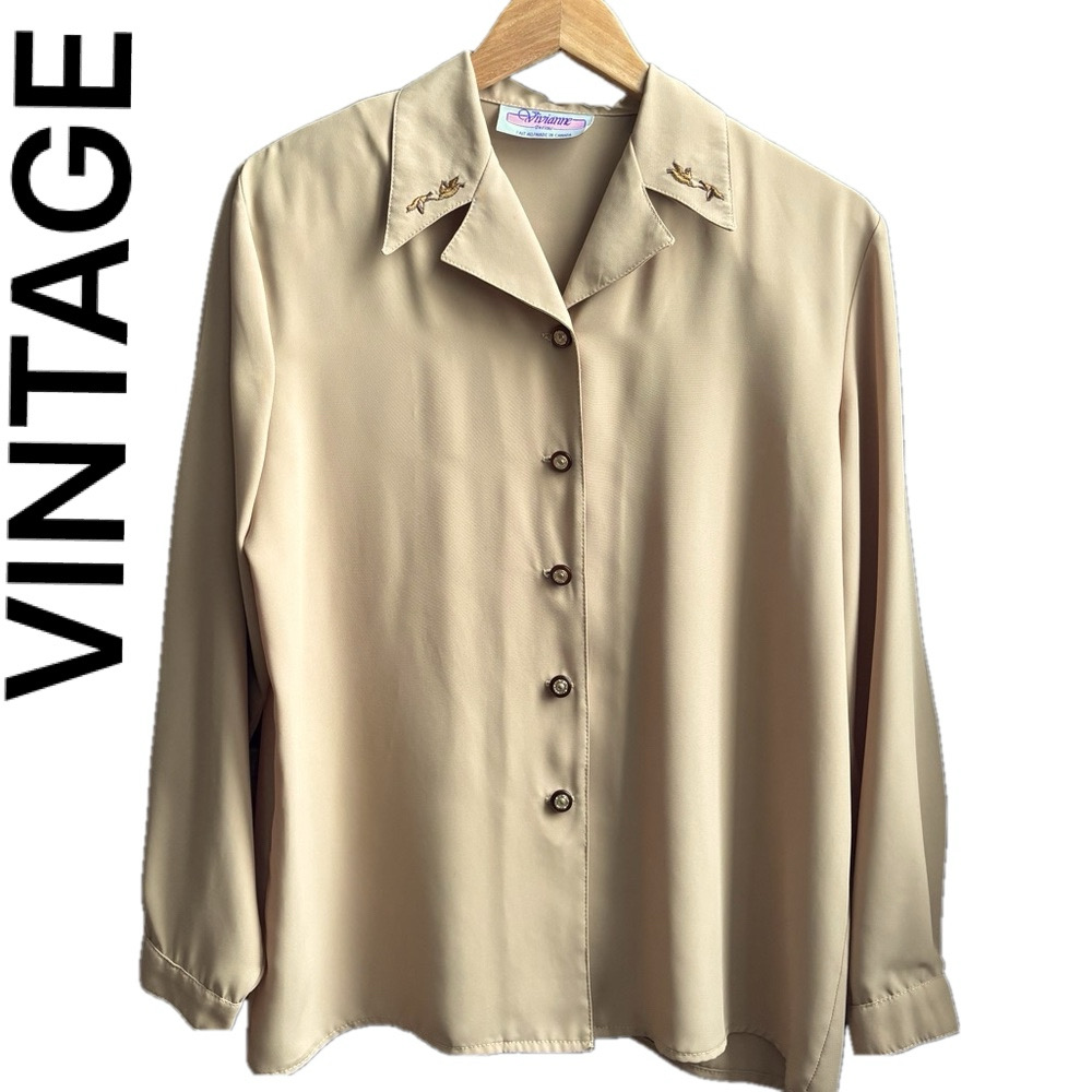 Vintage Women Button Down Mustard Beige Blouse With Shoulder Pads Medium